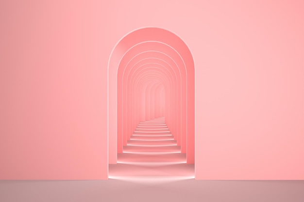 Render interior surrealista en 3D de color rosa Corredor de arco abstracto concepto de fondo de color rosa pastel