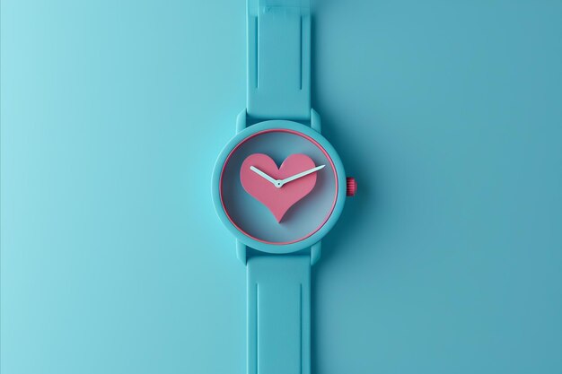 Foto render papel cortar coração no centro do ícone do relógio de pulso isolado em azul colorido