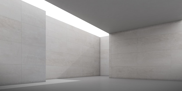 Render de sala de hormigón vacía con sombra en la pared.