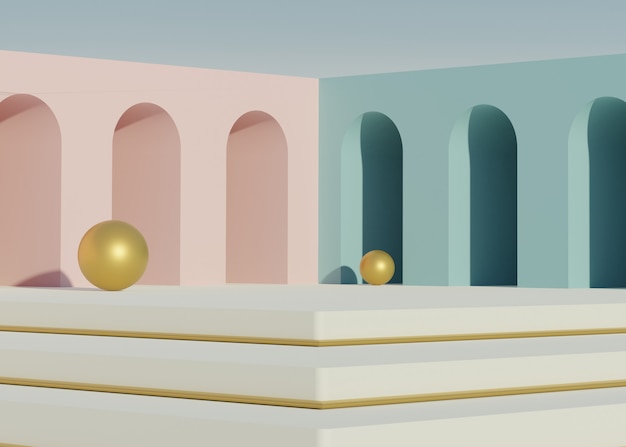 Render-Szene mit geometrischen Minimalformen und Podium