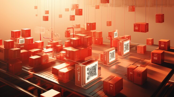 Foto rendering 3d abstracto de un almacén futurista con cajas en cintas transportadoras y suspendidas en el aire