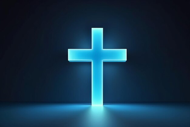 Rendering 3D abstracto con fondo azul minimalista y luz brillante Símbolo de la cruz