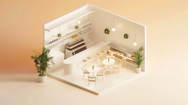 Rendering 3D de un acogedor interior de cafetería con un mostrador tablas tablas sillas plantas y
