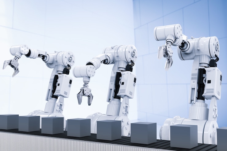 Foto rendering 3d de brazos robóticos blancos con cinta transportadora vacía
