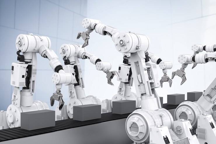 Foto rendering 3d de brazos robóticos blancos con cinta transportadora vacía