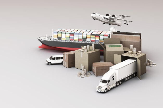 Rendering 3D de la caja de caja rodeada de cajas de cartón un barco de contenedor de carga un plan de vuelo un coche una furgoneta y un camión sobre fondo blanco