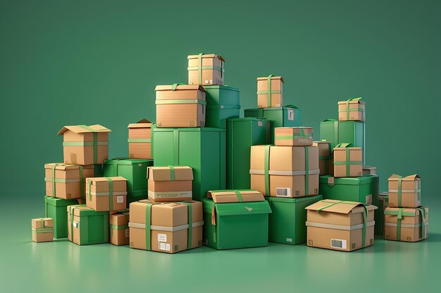 Rendering 3D de cajas de entrega de paquetes en línea aisladas en fondo verde