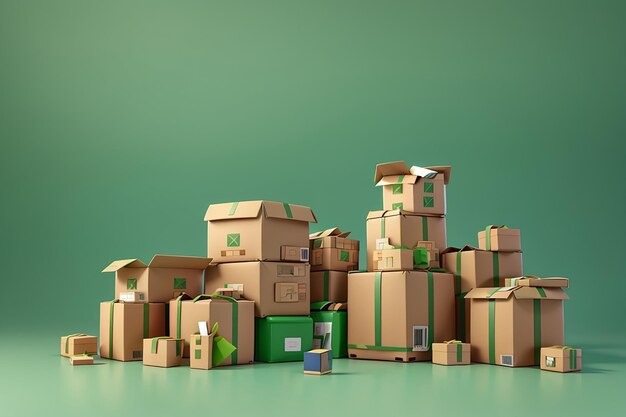 Rendering 3D de cajas de entrega de paquetes en línea aisladas en fondo verde