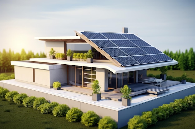 Foto rendering 3d de una casa con invernadero y paneles solares