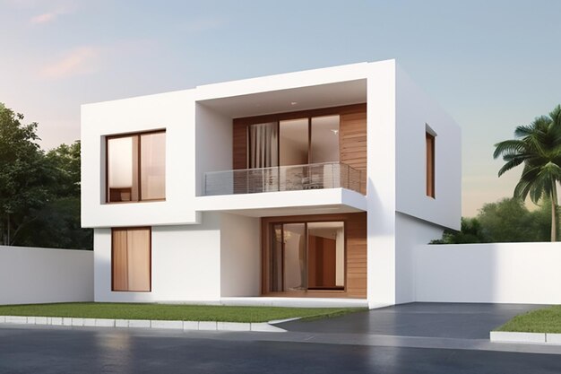 Foto rendering 3d de una casa moderna con un anexo cúbico