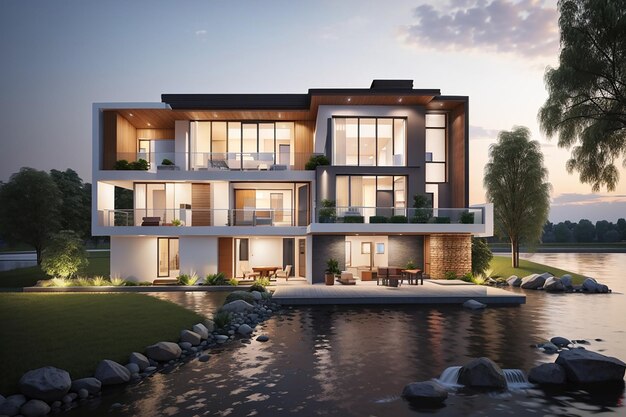 Rendering 3D de una casa moderna junto al río por la noche
