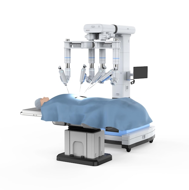 Rendering 3D de cirugía asistida por robot con paciente ficticio aislado en blanco