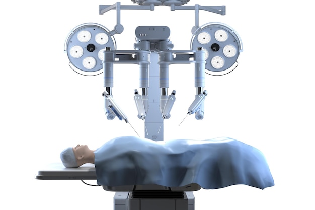 Rendering 3D de cirugía asistida por robot con paciente ficticio aislado en blanco