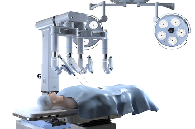 Rendering 3D de cirugía asistida por robot con paciente simulado en la sala de operaciones