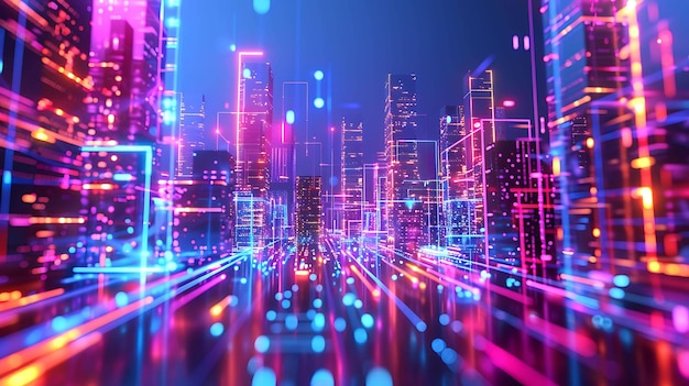 Rendering 3D de una ciudad futurista por la noche La ciudad está llena de altos rascacielos y luces brillantes La imagen está en un esquema de colores azul y púrpura