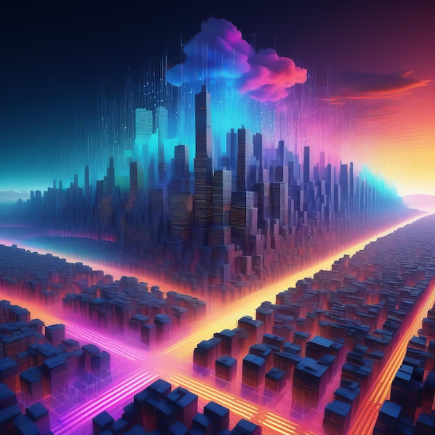 Rendering 3D de la ciudad del futuro con las coloridas luces de neón