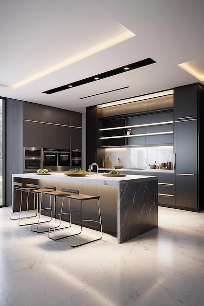 Rendering 3D de cocina de lujo de alta tecnología y diseño de cocina moderno