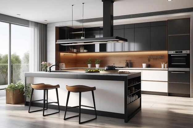 Rendering 3D de cocina de lujo de alta tecnología y diseño de cocina moderno