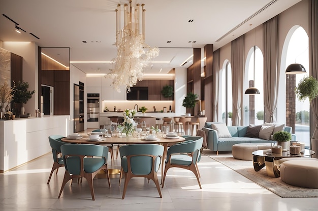 Rendering 3D de comedor y sala de estar modernos con decoración de lujo