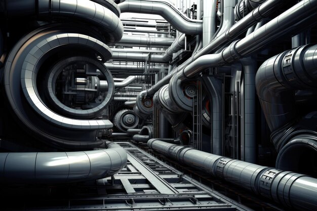 Foto rendering 3d de un complejo industrial con muchas tuberías y tubos de ventilación 3d fondo industrial abstracto ai generado