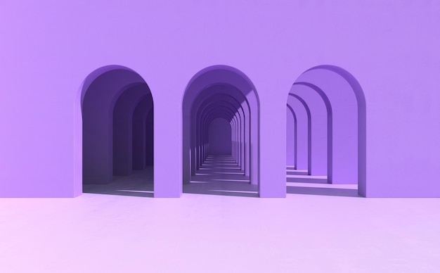 Rendering 3d Corredor de arco fondo geométrico simple corredor arquitectónico portal columnas de arco dentro de la pared vacía concepto minimalista moderno