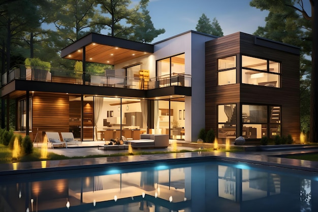 Rendering 3d de casa moderna aconchegante com piscina e estacionamento para venda ou aluguel em estilo luxuoso e beau