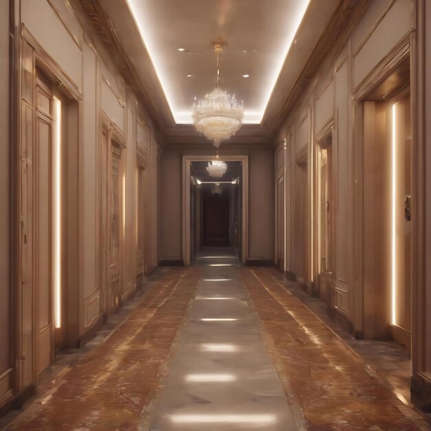 Foto rendering 3d de design interior de corredor iluminado