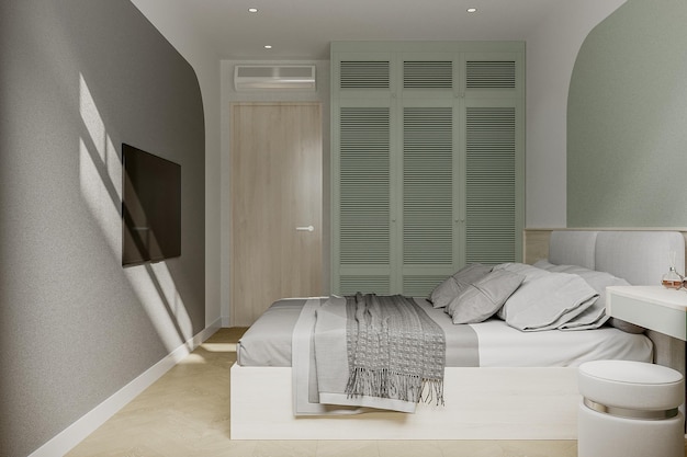 Rendering 3D de un diseño interior de dormitorio moderno con una cama doble y un televisor en la pared