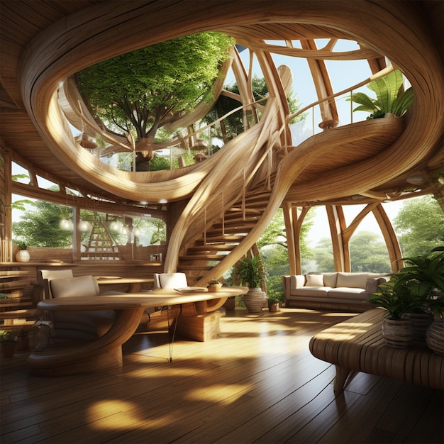 Rendering 3d Diseño de interiores casa en el árbol hecha de materiales de madera