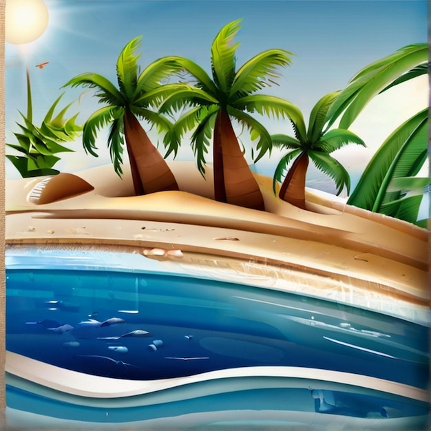 Rendering 3D diseño de logotipo de la ilustración vectorial del paisaje de la isla de Summer Beach