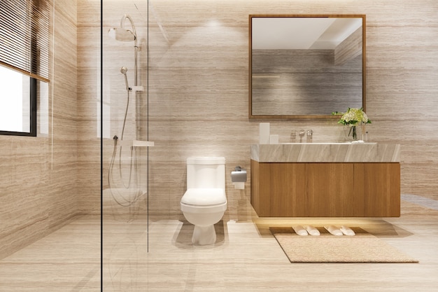 Rendering 3D de diseño moderno y azulejos de mármol inodoro y baño