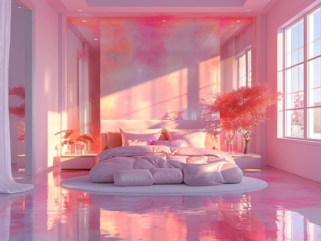 Foto rendering 3d de dormitorio en una casa moderna de dormitorio de neón con cortinas rosadas y luz solar