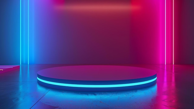 Rendering 3D de un escenario de círculo de neón azul y rosa brillante con reflejos en el suelo