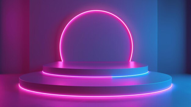 Rendering 3D de un escenario con un círculo de neón brillante y escalones iluminados por luces rosas y azules
