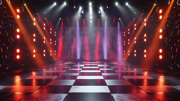 Foto rendering 3d de un escenario vacío con un piso a cuadros iluminado por focos