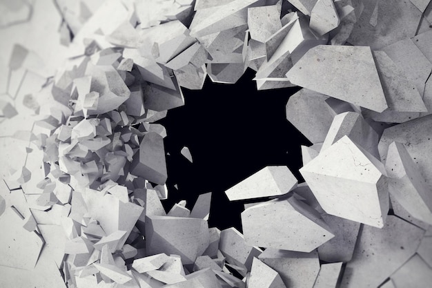 Rendering 3D explosión agrietada pared de hormigón agujero de bala destrucción fondo abstracto