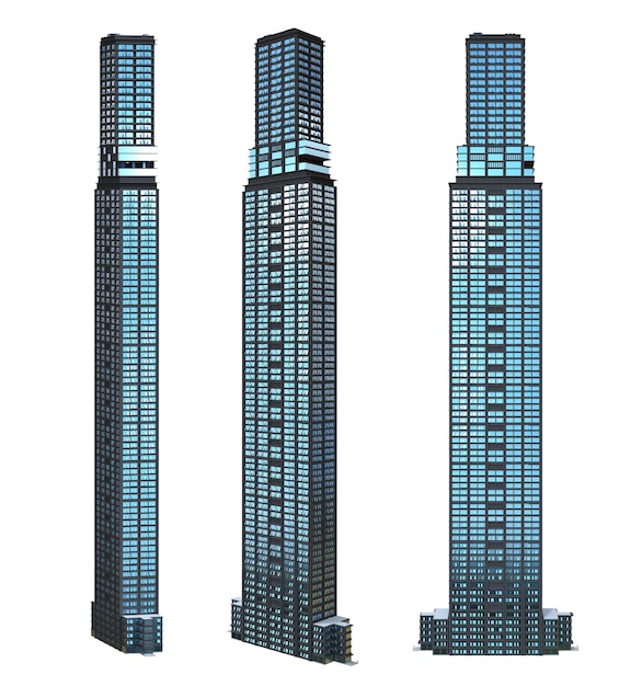 Rendering 3D del exterior de un edificio de gran altura aislado sobre un fondo blanco