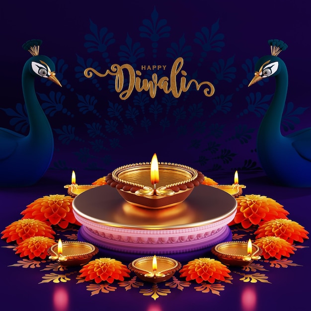 Rendering 3D para el festival de Diwali Diwali Deepavali o Dipavali el festival de las luces de la India con diya dorada con patrón en color Fondo
