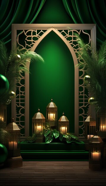Rendering en 3D del fondo de Ramadan Kareem con linternas y palmeras