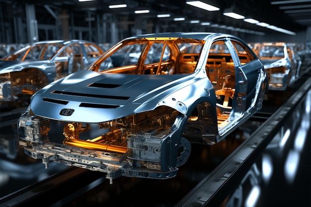 Rendering 3D futurista Línea de ensamblaje de robots que automatiza el concepto de la fábrica de automóviles