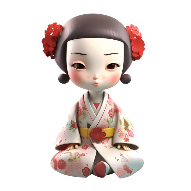 Foto rendering 3d de una geisha japonesa aislada sobre un fondo blanco