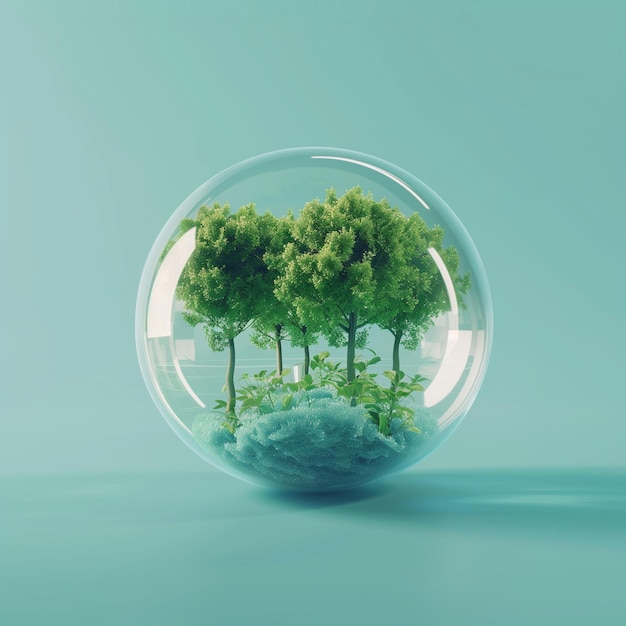 Rendering 3D del globo terrestre con árboles verdes dentro de una esfera de vidrio concepto del día mundial de la salud