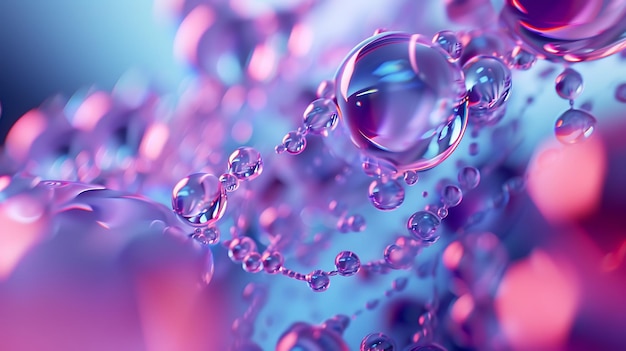 Rendering 3D de un hermoso grupo de esferas púrpuras y azules Las esferas están conectadas entre sí por hilos delgados