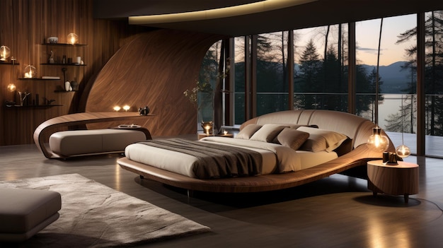 Rendering 3D hermoso lujo de madera oscura clásica suite de dormitorio en el hotel