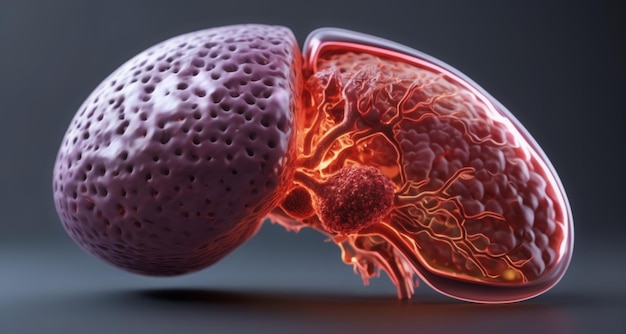 Rendering 3D de un hígado humano con un tumor canceroso resaltado