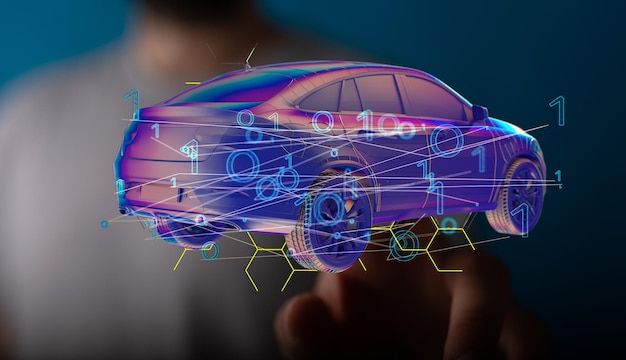 Rendering 3D de un hombre apuntando a un coche eléctrico de conducción autónoma