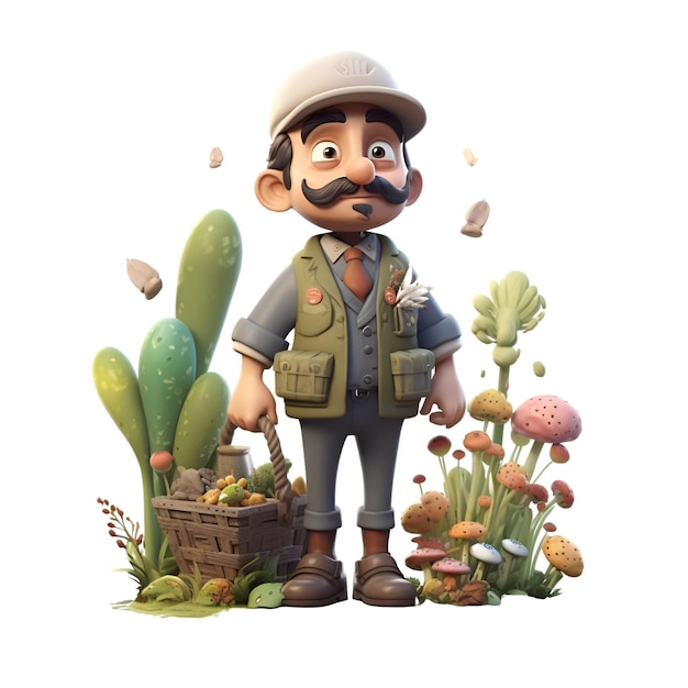 Rendering 3D de un hombre de safari con cactus y canasta