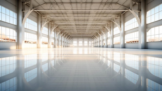 Rendering 3D interior blanco y limpio vacío fábrica almacén almacén hangar tienda o garaje