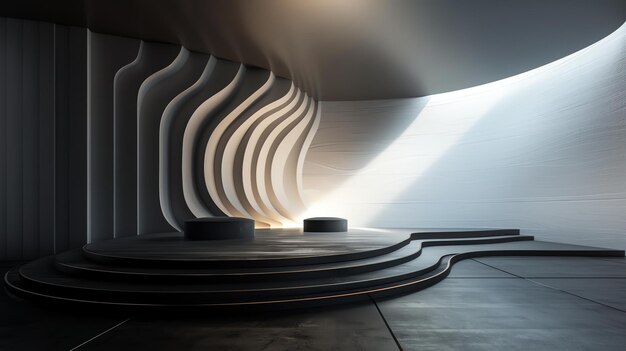 Rendering 3D de un interior futurista moderno con un podio y una pared curva con un reflector