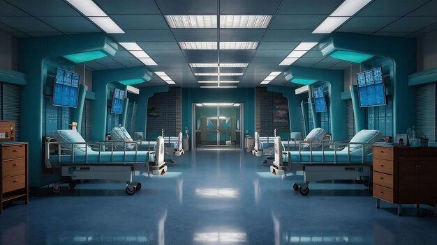 Rendering 3D de un interior de hospital con mucho espacio para copiar